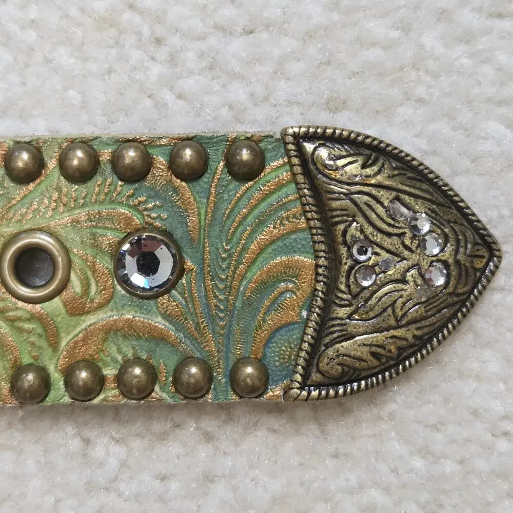 Vintage Leatherock Women's S32 Western Tooled Leather Rhinestone Studded Belt